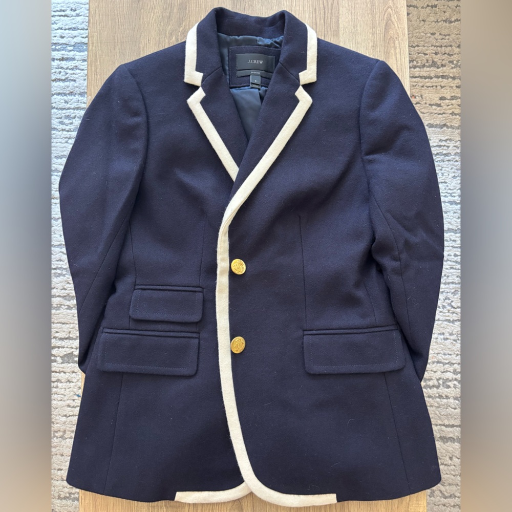 J. Crew Navy Wool School Blazer with Gold Buttons and Cream Trim